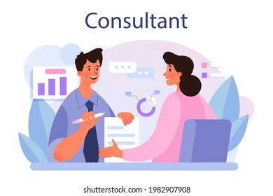 Professional consulting service. Research and recommendation. Idea of strategy management and troubleshooting. Help clients with business problems. Isolated flat vector illustration