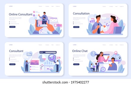 Professional consulting service web banner or landing page set. Research and recommendation. Strategy management and troubleshooting. Help clients with business. Isolated flat vector illustration