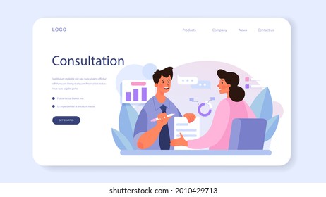 Professional consulting service web banner or landing page. Research and recommendation. Strategy management and troubleshooting. Help clients with business. Isolated flat vector illustration