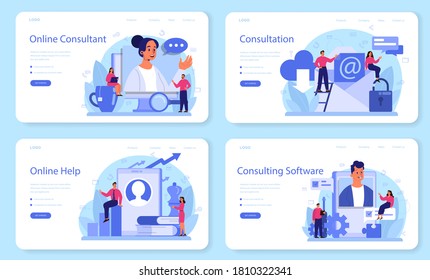 Professional consulting web banner or landing page set. Research and recommendation. Idea of strategy management and troubleshooting. Help clients with business problems. Flat vector illustration