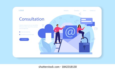 Professional consulting web banner or landing page. Research and recommendation. Idea of strategy management and troubleshooting. Help clients with business problems. Flat vector illustration