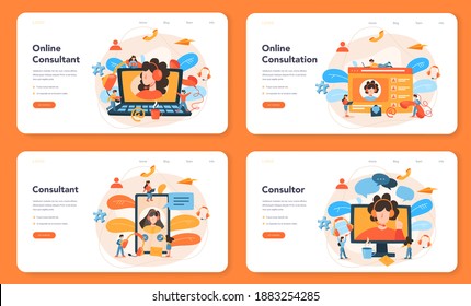 Professional consulting web banner or landing page set. Research and recommendation. Idea of strategy management and troubleshooting. Help clients with business problems. Flat vector illustration