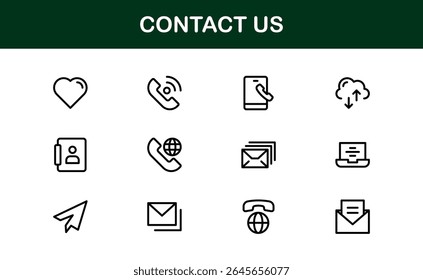 Professionelle Kontaktieren Sie uns Icons mit Telefon-, E-Mail-, Nachrichten- und Adressgrafiken im minimalen Vektorstil