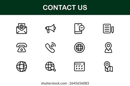 Professional Contact Us Icons Featuring Phone, Email, Message, and Address Graphics in Minimal Vector Style