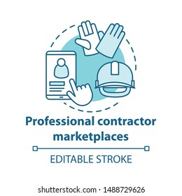 Professional contractor marketplaces service concept icon. Construction industry idea thin line illustration. Smartphone, hard hat and gloves vector isolated outline drawing. Editable stroke