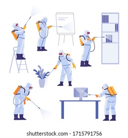 Professional contractors doing pest control at office. Coronavirus protection. Hazmat team in protective suits decontamination during virus outbreak. Cartoon vector illustration.