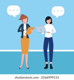 Professional conversation - Two business people woman and woman talking and having dialogue at work with speech bubbles. Flat design vector illustration on blue background