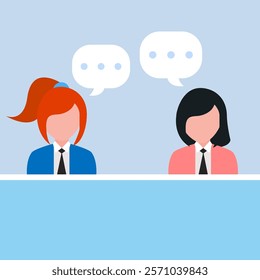 Professional conversation - Two business people woman and woman half body talking and having dialogue at work with speech bubbles. Flat design vector illustration