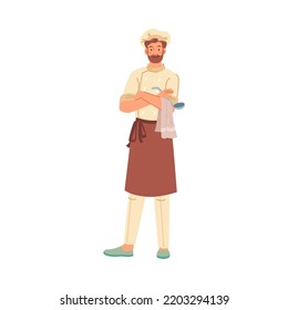 Professional cook, chef in restaurant or cafe. Isolated man wearing uniform. Specialist in baking and preparing food. Personage or character, vector in flat cartoon style