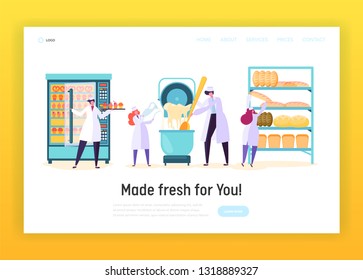 Professional Cook in Chef Uniform in Kitchen Landing Page. Male and Female Character Make Dough, Bake Bread, Muffin . Bakery Cooking Concept Website or Web Page. Flat Cartoon Vector Illustration