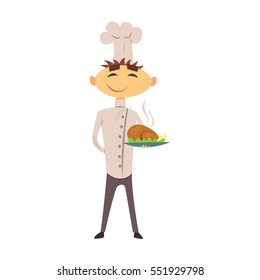 Professional Cook In Classic Double Breasted White Jacket And Toque With Roasted Chicken Dish