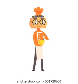 Professional Cook In Glasses In Classic Double Breasted Orange Jacket And Toque Mixing Sauce In Bowl