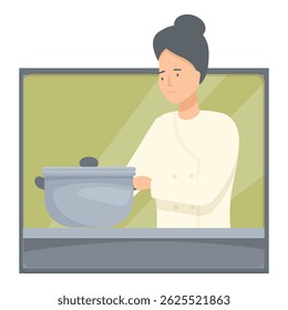 Professional cook is holding a big pot, preparing food in a restaurant kitchen