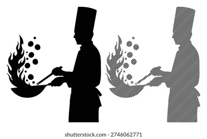 Professional cook holding pan with high flame, culinary arts, restaurant kitchen concept