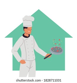 professional cook man preparing food at home vector illustration design