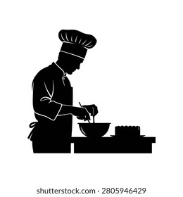 Professional cook in uniform crafting dessert. Silhouette captures meticulous preparation for catering or restaurant applications.