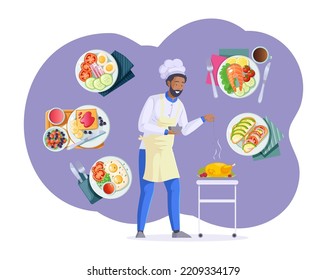 Professional cook in uniform preparing dishes of European cuisine. Cheerful male chef cooking tasty meal set. Master cooking and adding finishing touch to dishes in restaurant or cafe cartoon vector