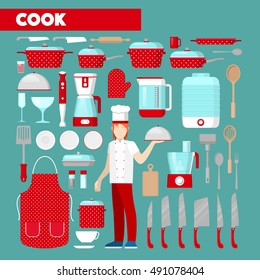 Professional Cook Vector Icons Set with Kitchen Utensils