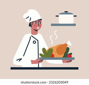 Professional cooker in white coat and cap holding big plate with tasty cooked meat. Chef shows his cooked dish. Concept of food industry. Vector illustration in warm colors