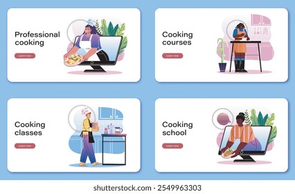 Professional cooking banners set. Women and man on computer screen preparing food. Cook and chief at webinar and online courses. Flat vector collection isolated on blue background