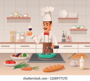 Professional cooking cartoon composition with chef pouring wine into frying pan with roasting meat vector illustration