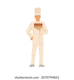 Chef de cocina profesional con tarta. El pastelero con uniforme blanco prepara la comida dulce, el postre para las vacaciones. El panadero de cocineros en la panadería sostiene la tarta en la mano. Ilustración aislada de vector plano