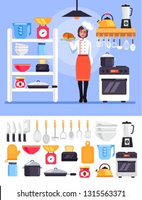 Professional cooking chef master cook woman character standing at kitchen holding dish. Food kitchen interior tools icon set. Vector flat cartoon graphic design illustration