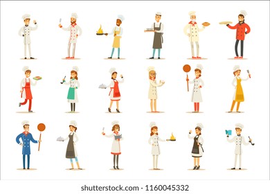 Professional Cooking Chefs Working In REstaurant Wearing Classic Traditional White Uniform Set OF Cartoon Characters