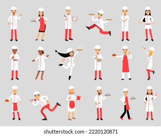 Professional Cooking Chefs Working In Restaurant Wearing Classic Traditional White Uniform and Toque Big Vector Set