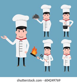 Professional Cooking Chefs Working Wearing Classic Traditional White Uniform, Cartoon character.