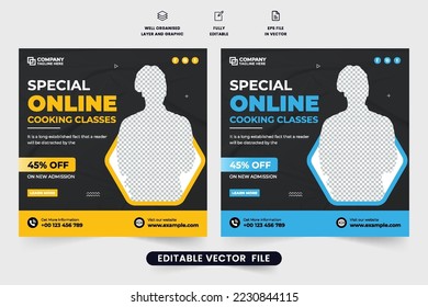 Professional cooking class template design for social media promotion. Online culinary class promotional web banner template with yellow and blue colors. Special chef training poster vector.