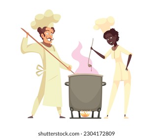 Professional cooking composition with characters of chefs preparing food on blank background vector illustration