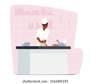 Professional Cooking Concept. Concentrated Man Chef in White Uniform and Toque Cook Bakery, Kneading Dough, Preparing on Table in Restaurant or Home Kitchen. Cartoon People Vector Illustration