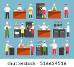 Professional cooking decorative icons set with chefs at cooker and waiters with trays isolated vector illustration 