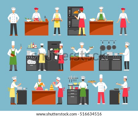 Professional cooking decorative icons set with chefs at cooker and waiters with trays isolated vector illustration 