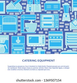 Professional cooking equipment concept background in colored line style. Restaurant kitchen appliances poster template with place for text. Vector illustration.