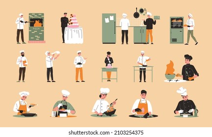 Professional cooking flat color set of pizza maker pastry cook baker cooking on fire technologist isolated icons vector illustration