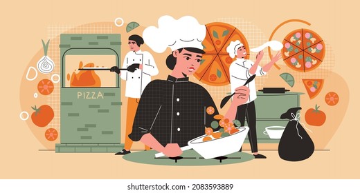 Professional cooking horizontal background with staff characters working in restaurant kitchen flat vector illustration