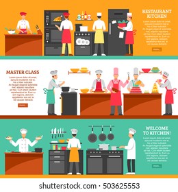 Professional Cooking Horizontal Banners Set With Restaurant Kitchen And Master Class Compositions Flat Vector Illustration  