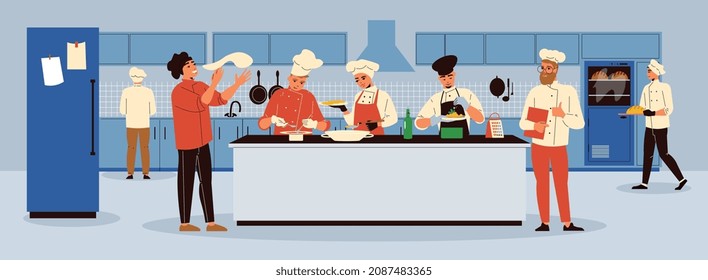 Professional cooking horizontal illustration with group of cookers making different meals in restaurant kitchen interior flat vector illustration