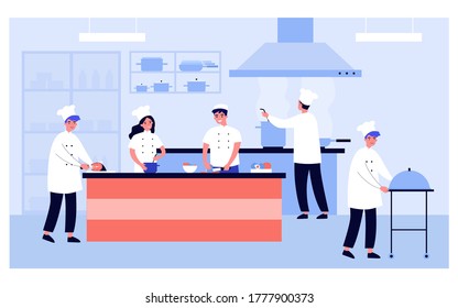 Professional cooking kitchen interior isolated flat vector illustration. Cartoon restaurant chefs and waiters preparing meal and desserts. Commercial food industry and gourmet concept