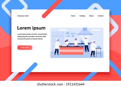 Professional cooking kitchen interior isolated flat vector illustration. Cartoon restaurant chefs and waiters preparing meal and desserts. Commercial food industry and gourmet concept