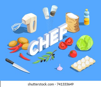 Professional cooking people chef pizzaiolo isometric people composition with cumbersome text and pieces of ripe vegetables vector illustration