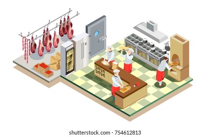 Professional cooking people chef pizzaiolo isometric people composition with big restaurant kitchen environment kitchen equipment and workers vector illustration