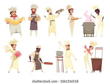 Professional cooking set of chefs during food preparation including asian dishes, pizza, desserts  isolated vector illustration