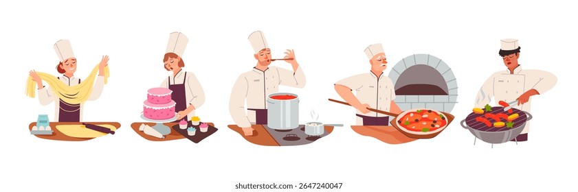 Cozinheiros profissionais e padeiros de uniforme servem pizza, massa e massa doce. Ilustração vetorial plana de diversos chefs preparando pratos gourmet em uma cozinha de restaurante.