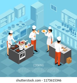 Professional cooks chef kitchen staff butchering meat making saus preparing food for service isometric composition vector illustration 