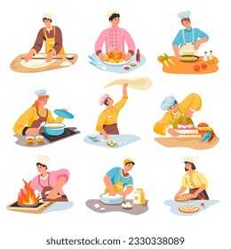Professional cooks cooking dishes and food, isolated man and woman making pizza, baking cakes and trying soup. Restaurant staff, workers with pans and fryers, serving plates. Vector in flat style