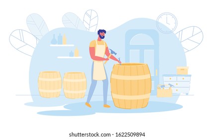 Professional Cooper in Apron Making Wooden Barrel Fixing Wine Wood with Chisel and Hammer. Cooperage Process in Workshop, Manufacturing of Handmade Production, Hobby. Cartoon Flat Vector Illustration