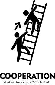 Ícone vetor de cooperação profissional com uma silhueta humana ajudando outro a subir uma escada, simbolizando trabalho em equipe, mentoreamento, crescimento corporativo e apoio mútuo na liderança de negócios e desenvolvimento de carreira.